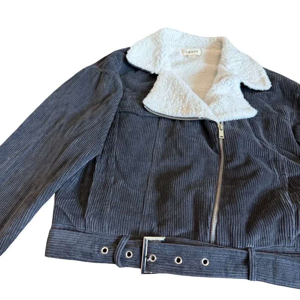 Fashion on Earth Grey Corduroy Asymmetrical Jacket Sherpa Lined Belted Sz Medium
